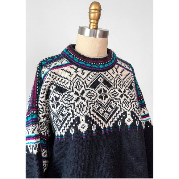 Vintage Dale of Norway Fiemme Black Purple Turquoise Wool Pullover Sweater Mens - Picture 7 of 8